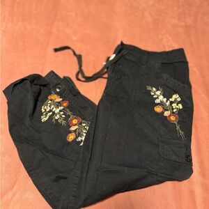 Floral Embroidered Black Pants